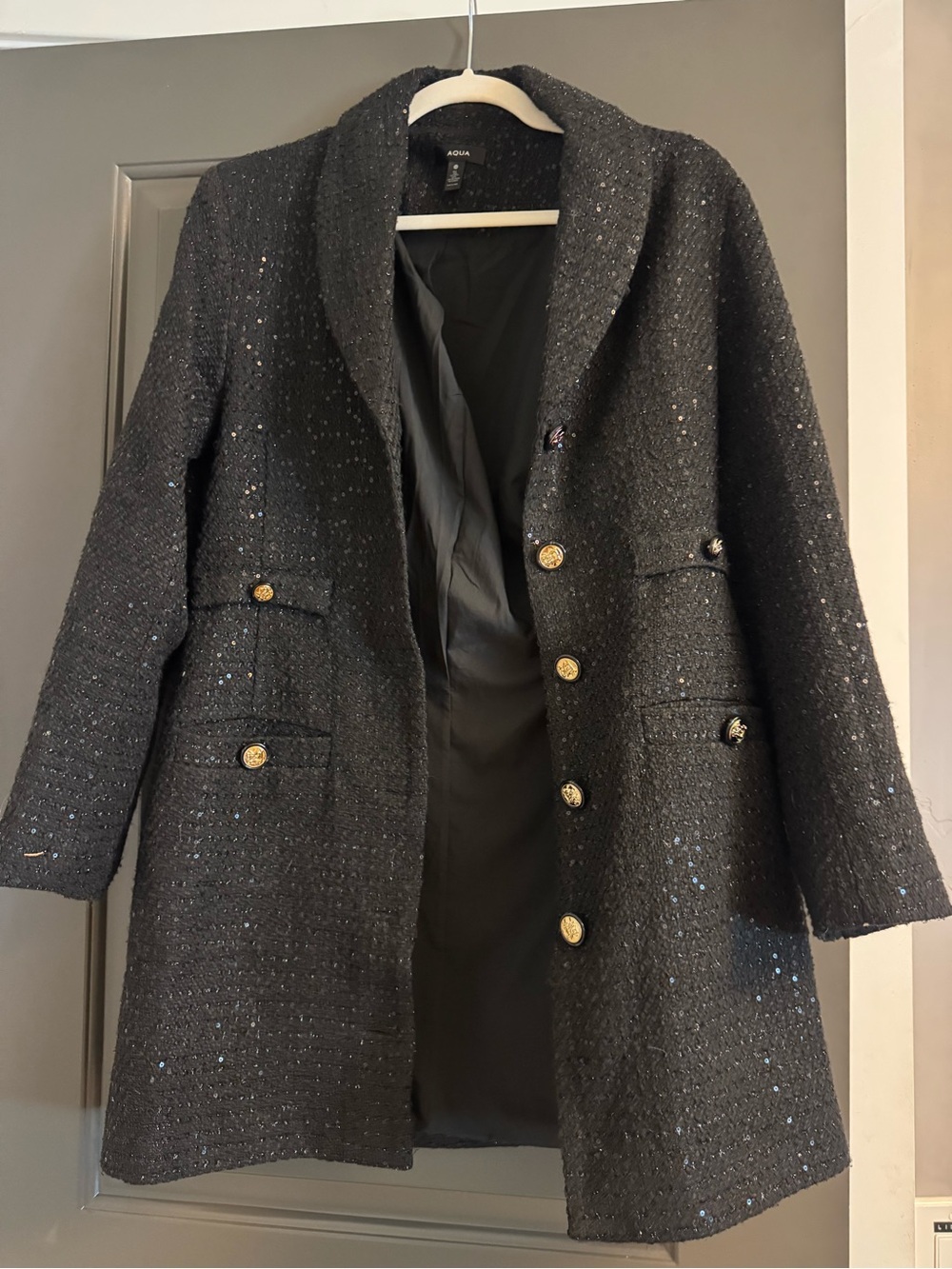 Aqua Black Tweed Long Trench Coat with Gold Buttons